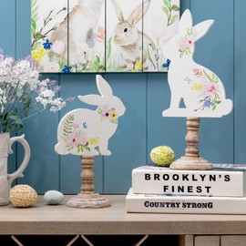 Glitzhome Easter Bunny Decor Set - 2 Wooden Bunny Signs, Hand Painted Rabbit Statues for Spring Decorations, Home Mantel, Easter Collectibles