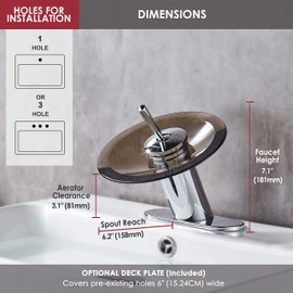 RODDEX Waterfall Bathroom Sink Faucet Unique Brass Modern Circle Brown Glass Waterfall Faucet for Vanity Single Hole Pedestal Sink Faucets One Handle Corner Sink Bathroom Faucet, olished Chrome