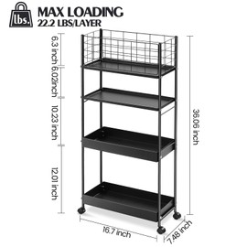 KINGRACK Slim Storage Cart, 4-Tier Metal Utility Rolling Cart with Wheels,Bathroom Organizer, Skinny Rolling Trolley, Mobile Shelving Unit for Office, Laundry Room, Narrow Place, Black