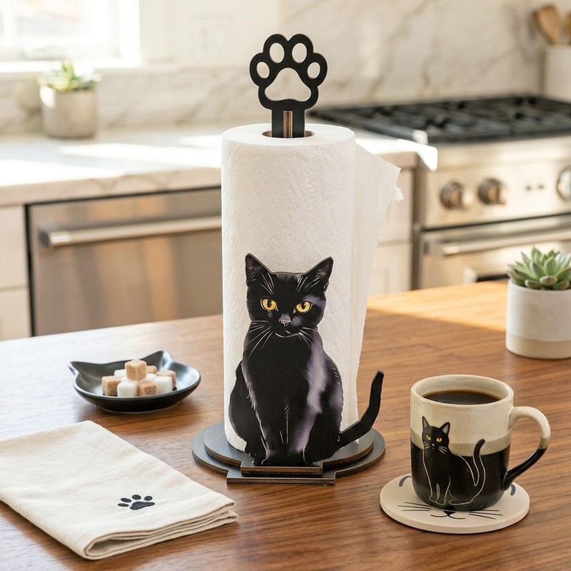 Black Cat Paper Towel Holder - Wooden Paw Kitten Decorative