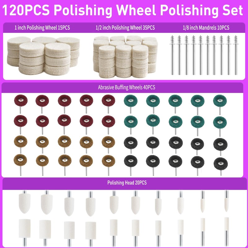 120 PCS Polishing Kit for Dremel, Abrasive Buffing Wheels for