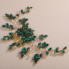 Lenjicons Wedding Rhinestone Hair Comb Large Crystal Rhinestone Hair Comb Bridal Headpiece for Women Wedding Hair Accessories for Brides Bridesmaid (peacock green(gold))