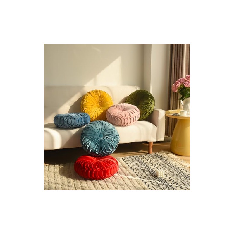 Hig Juego Almohadas Decorativas Redondas Plisadas Terciopelo Azul Polvoriento