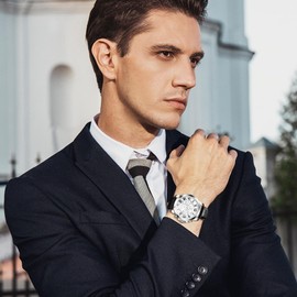 Taxau Silver Watch for Men Black Leather Band Mens Watches Large Face Analog Quartz Men's Wrist Watches with Date Easy Read Casual Fancy Waterproof Watches for Men