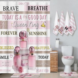Tranqun 8 Pcs Pink Shower Curtain Set Pink Perfume Fashion Bathroom Decor with Shower Curtain Rugs 4 Wash Towels and Accessories Girly Perfume Bathroom Set with 12 Hooks for Decor Waterproof Non-Slip