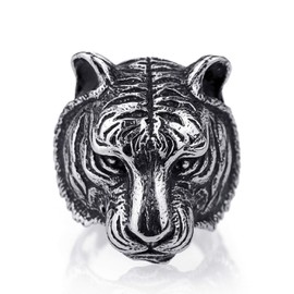 Tiger Head Ring for Men, Vintage Gothic Tribal Biker Tiger Skull Ring, Retro Tiger Totem Rings, Tiger Signet Amulet Ring, Viking Animal Tiger Jewelry Gift for Men Boys (V1/2)