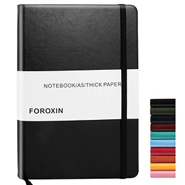 FOROXIN Lined Journal Notebook Black Leather for Women Men 8.3 x 5.7 Large College Ruled 192 Pages 80gsm Hardcover Notebooks Work Home School with Elastic Band Closure and Ribbon Bookmark