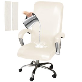 HOMECOVER Stretch Office Chair Cover, Waterproof, Universal PU Leather Swivel Computer Chair Cover with Armrest Covers, Removable Chair Covers, White-XL