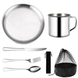 Camping Tableware for 1 Person - Camping Cutlery Set 7 Pieces, Reusable Stainless Steel Cup, Plate and Fork, Spoon, Cutlery Bag, Camping Tableware for Outdoor Camping, Hiking and Picnic