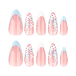 Almond French Tip Press on Nails Medium Flower Glue on Nails Summer Blue White Fake Nails with Bow Designs Cute French False Nails Artificial Acrylic Nails Kit Spring Stick on Nails for Women 24Pcs