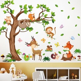 Arawat Tree Wall Decals Decor for Bedroom & Living Room - Monkey & Sloth Wall Stickers - Multicolor Cartoon Animal Wall Decor - Vinyl Sticker Decals