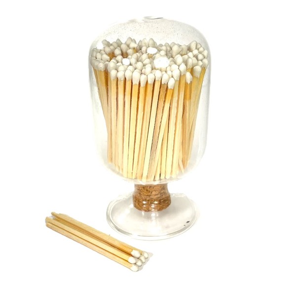Includes Matches! | Decorative Glass Matches Cloche | Bottle Jar Fireplace Candle Match Holder Gift Set (White)