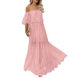 Cercis Women Off The Shoulder Floral Lace Maxi Wedding Dress Boho Flowy Brides Bridesmaid Wedding Guest Formal Long Dress Pink
