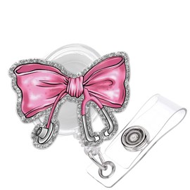 Pink Bow Badge Reel, Badge Holder with Retractable Cord and Swivel Alligator Clip, for ICU RN LPN CNA MA ER Night Shift Nurse Nursing Student OB/GYN Doctor Psychologist Teacher