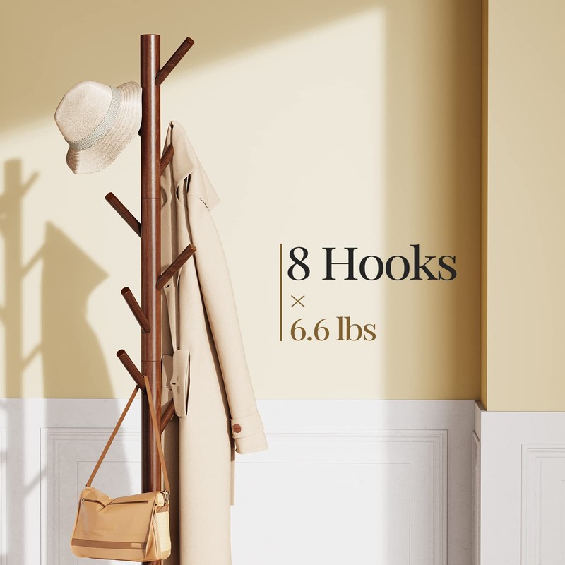 Pipishell Sturdy Wooden Coat Tree with 8 Hooks, 3 Adjustable