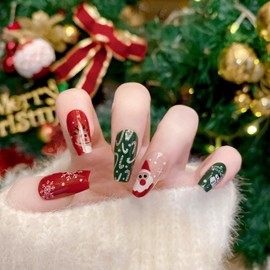 BABALAL Coffin Press on Nails Medium Fake Nails Green Red Glue on Nails Christmas Santa Snowflake Acrylic Nails 24Pcs Ballerina Cute Manicure Artificial False Nails for Women and Girls