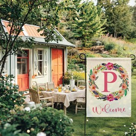 Monogram Garden Flag Letter P with Flowers Wreath Double Sided Print Spring Summer Welcome Garden Flags Outdoor House Yard Flags 12.5 x 18 Inch Seasonal Porch Lawn Decor (Pink)