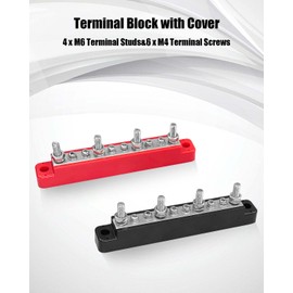 12V-48V Power Distribution Block Bus Bar, 4 x M6 Terminal Studs & 6 x M4 Terminal Screws, Battery Busbar Terminal Block with Cover and Ring Terminals, for Car Marine RV Boat, Red and Black