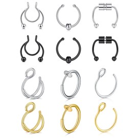 QWALIT Fake Nose Ring Fake Septum Fake Nose Rings Faux Nose Rings for Women Fake Nose Piercing Clip On Nose Ring Non Piercing Fake Nose Ring Hoop Fake Septum Piercing Fake Septum Ring Gold Black