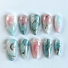 CJDLTS Medium Almond Shaped Gradient Blush 3D Silver Star Irregular Lines with Pearl Stick on Nails Full Cover Reusable Coffin Press on Nails Artificial Acrylic Fingernails for Women Manicure 24Pcs