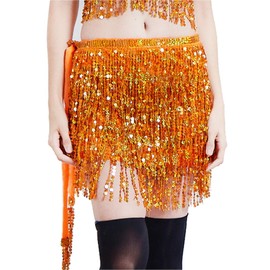 Lauthentic.S - Falda de lentejuelas para mujer, con borlas para danza del vientre, bufanda de cadera brillante, Naranja, X-Small-XX-Large