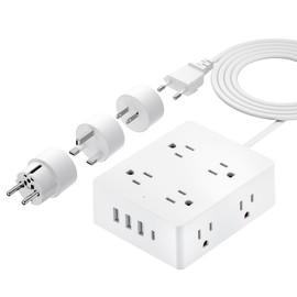 European Travel Plug Adapter, Olcorife Power Strip with EU UK US Plug Adapter, 8 Outlets 4 USB Ports with 5ft Extension Cord, International Power Adapter for US to Europe UK