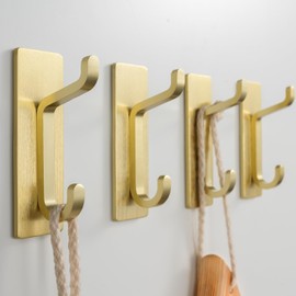 Josmimic Adhesive Towel Hooks: Heavy Duty 12LB Wall Hooks, for Coat/Robe Stick on Bathroom, Gold, 4-Pack, Stainless