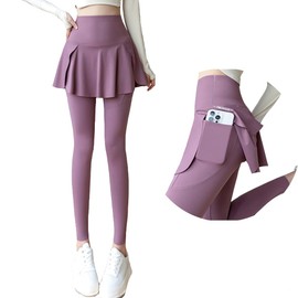 Wzhiming Women's Yoga Pants with Skirt, Leggings, Skirt, 9/4 Length, Spats, One-Piece, Loungewear, Gym, Yoga Wear, Fitness, Sports, Tennis, Training, High Waist, Stretch, Beautiful Legs, Breathable,