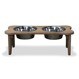 Peaceful Classics Elevated Wooden Dog Feeding Station - Unique Dog Bone Shape and Raised Stainless Steel Bowls for Comfortable Dining - Stylish and Durable Dog Food Stand with 1 Qt. Bowls Included
