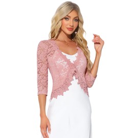 Allegra K Floral Lace Shrugs for Women's Evening 3/4 Sleeves Formal Elegant Bolero Cardigan Pink S