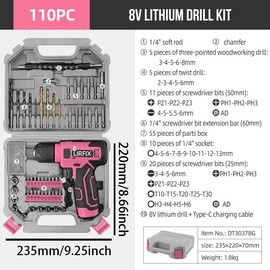 LIRFIX 110-Piece Pink USB Charging Electric Screwdriver Set - Low-Power Drill with Bits, Sockets & Storage Box - Women's Portable Tool Kit