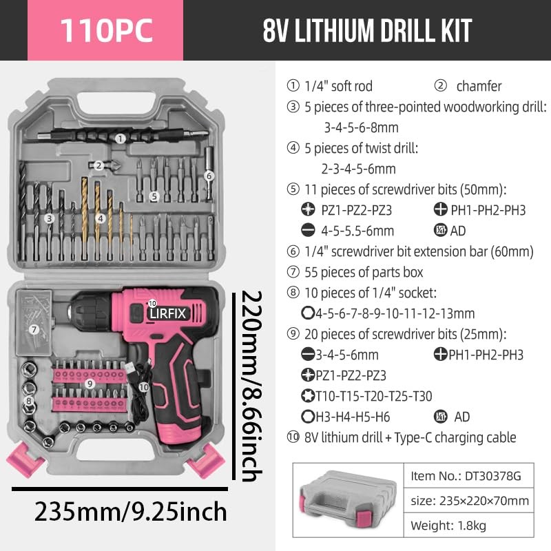 LIRFIX 110-Piece Pink USB Charging Electric Screwdriver Set - Low-Power