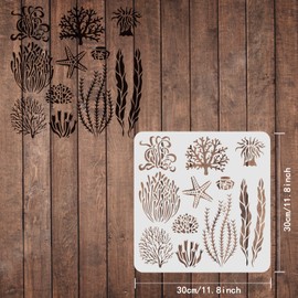 FINGERINSPIRE Seaweed Stencil - 11.8x11.8 inch Seagrass, Coral, Sea Plant & Creatures Ocean Theme for Painting on Wood, Tile, Paper, Fabric, Floor & Wall