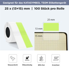 SUPVAN KATASYMBOL T50M Pro/Plus Label Tape Paper, Waterproof Labels for Home, School, Office, 25 mm x 13 mm + 15 mm, 100 Labels/Roll, Black on Green