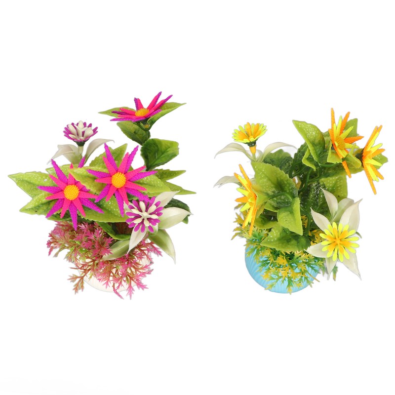 2pcs Artificial Aquarium Plants Silicone Flowers Reusable Resin Pots Fish