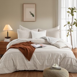 NEXHOME PRO 100% Organic Cotton Duvet Cover Queen Size, Linen Like Pleated Textured Tannish Linen Grey Duvet Cover Set, 3pc Bedding Set with Zipper Closure,Soft,Breathable,90"x90", No Comforter