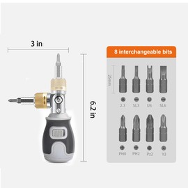 Geokin: 8-in-1 Magnetic Ratcheting Screwdriver Set with Phillips/Torx/Hex/Square Heads - 180° Pivoting Angle, Compact Electrician & DIY Hand Tool Kit Small Mini Set (Gray)