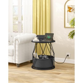 Hzuaneri Side Table with Charging Station, Round End Table with Storage Basket, Small Nightstand, Bedside Table, for Living Room, Bedroom, Black ET55004B