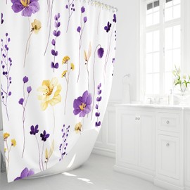 Gibelle Watercolor Floral Shower Curtain, Purple Yellow Flower Shower Curtain for Bathroom, Modern Minimalist Waterproof Fabric Shower Curtain Set with Hooks 72x72 Inch