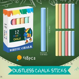 Noveread 48 Pcs Dustless Chalk 6 Colored Chalkboard Chalk School Chalk Sticks Writing Supplies for Classroom Home Cafe Menu Sidewalk Art