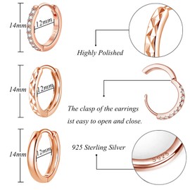 Cangall Hoop Earrings 925 Silver Small, 3 Pairs 925 Sterling Silver Hoop Earrings Set, Women's Hoop Earrings, 12 mm Unisex Sleeping Hoop Earrings for Men and Women, Silver/Rose Gold/Gold, Cubic