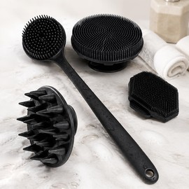 Juego de 4 cepillos exfoliantes multifuncionales de silicona: diseño de doble cara para la limpieza de la espalda y la ducha, accesorios para el baño del hogar