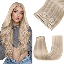 Easyouth Clip in Human Hair Extensions Highlights Thick Human Hair Clip in Extensions Ash Blonde Highlights Bleach Blonde Clips on Hair Extension for Women 22Inch 120G 7Pcs