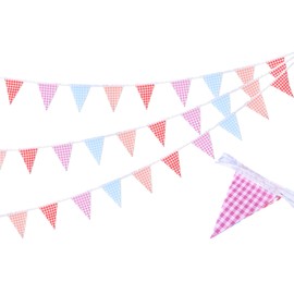 CORNER LACE 16Ft Rainbow Fabric Triangle Flags Banner 3 Pcs - Cloth Bunting Garland Streamer for Baby Shower Birthday Party Home Outdoor Garden Hanging Decor (Blue/Red/Purple/Orange Checkered)