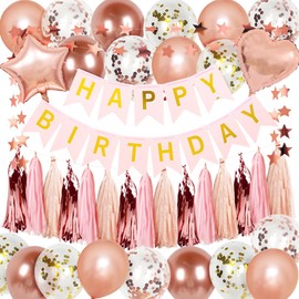 MSMANCY Rose Gold Birthday Party Decorations Set, Happy Birthday Banner,Stars Garland, Tassel paper garland and Balloons for Women Girls Birthday Party Decor (Rose gold)