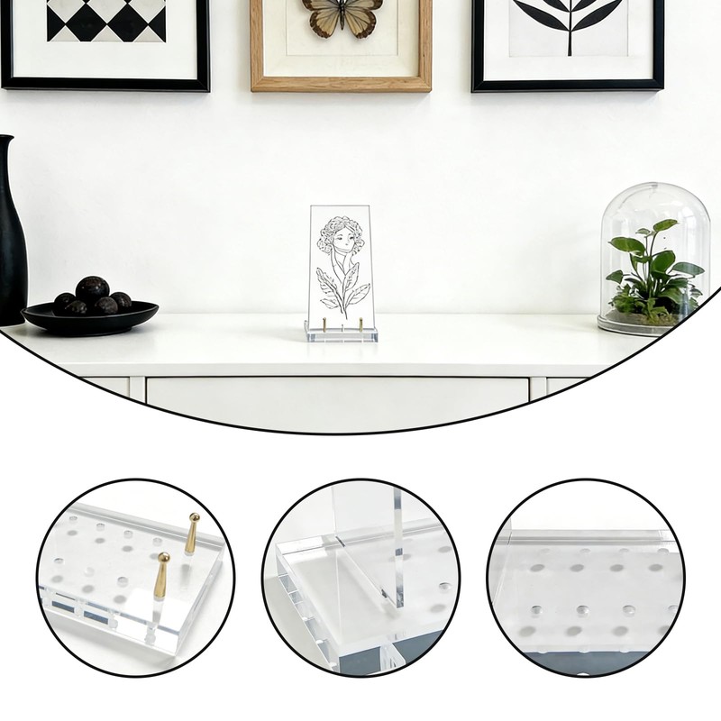 Clear Display Stand with Adjustable Gold-Toned Pegs, Picture Stands for