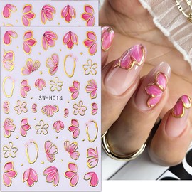 Flower Nail Stickers Pink Floral Nail Art Stickers Decals 3D Cherry Blossom Nail Design Sticker Spring Flowers Nails Sticker for Nails Decoration Manicure Art Supplies Accessories 4Pcs
