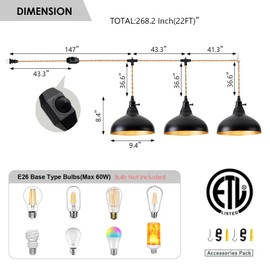 AMRUIPO Plug in Pendant Light Farmhouse Hanging Lamp Fixtures with Dimmable Switch, Kitchen Island Hanging Light Adjustable Height Black Pendant Lighting Dining Room Bedroom