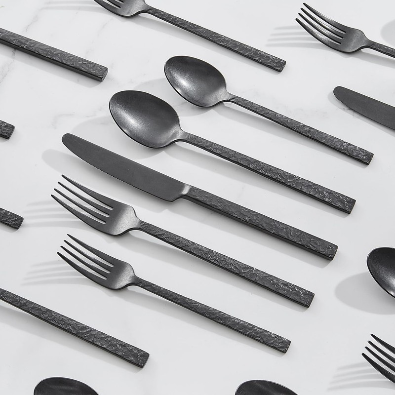 KINGSTONE 20 Pcs Black Hammered Silverware Set for 4, 18/10