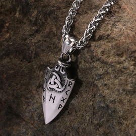 Stainless Steel Viking Arrowhead Pendant 3 Horns of Odin with Runes Fehu, Uruz, Thurisaz, Ansuz, Raidho, Kenaz, Gebo, Wunjo Viking Jewellery Runes